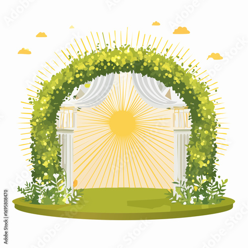 Sunlight filters through tall hedges and hanging garlands, highlighting an intricately decor wedding arch
