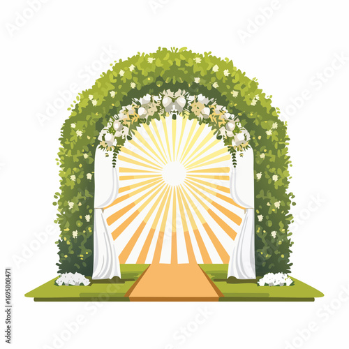 Sunlight filters through tall hedges and hanging garlands, highlighting an intricately decor wedding arch
