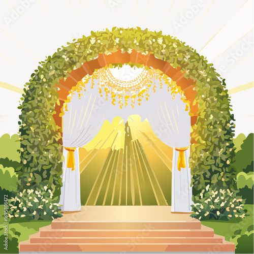 Sunlight filters through tall hedges and hanging garlands, highlighting an intricately decor wedding arch