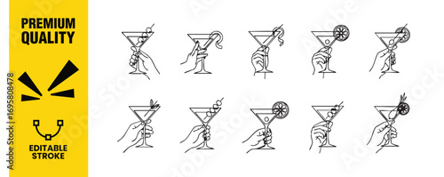 Collection of hand drawn cocktail illustrations set of vector icons of alcoholic drinks in vintage style for logo design, menu, cafe, restaurant, bar