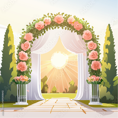 Sunlight filters through tall hedges and hanging garlands, highlighting an intricately decor wedding arch