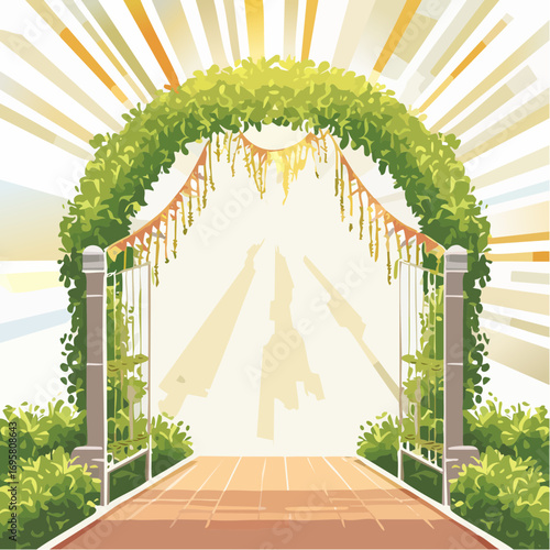Sunlight filters through tall hedges and hanging garlands, highlighting an intricately decor wedding arch