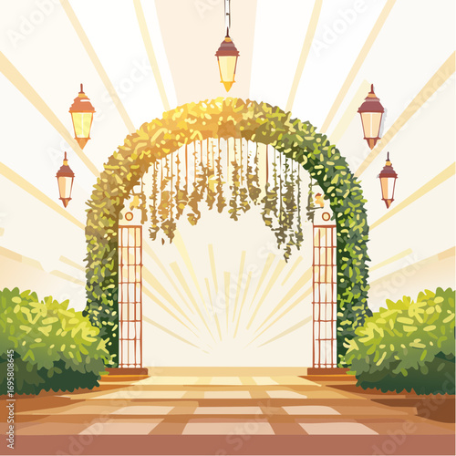 Sunlight filters through tall hedges and hanging garlands, highlighting an intricately decor wedding arch