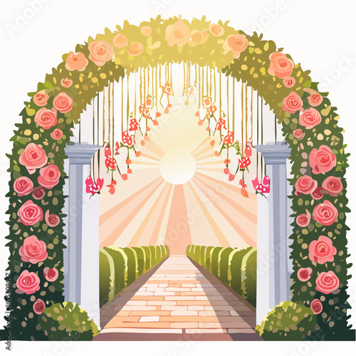 Sunlight filters through tall hedges and hanging garlands, highlighting an intricately decor wedding arch