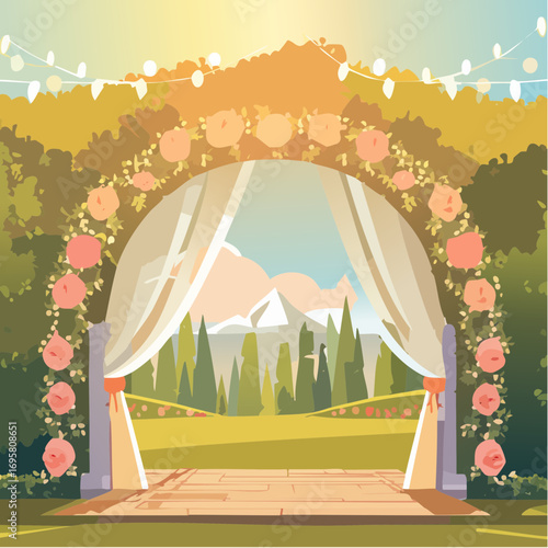 Sunlight filters through tall hedges and hanging garlands, highlighting an intricately decor wedding arch
