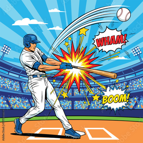 Dynamic comic art of a baseball player hitting a powerful home run with explosive WHAM and BOOM sound effects.