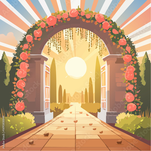Sunlight filters through tall hedges and hanging garlands, highlighting an intricately decor wedding arch