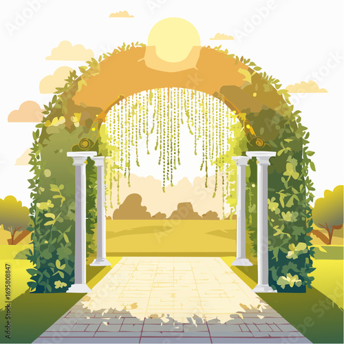 Sunlight filters through tall hedges and hanging garlands, highlighting an intricately decor wedding arch