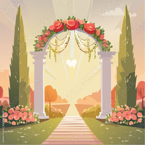 Sunlight filters through tall hedges and hanging garlands, highlighting an intricately decor wedding arch