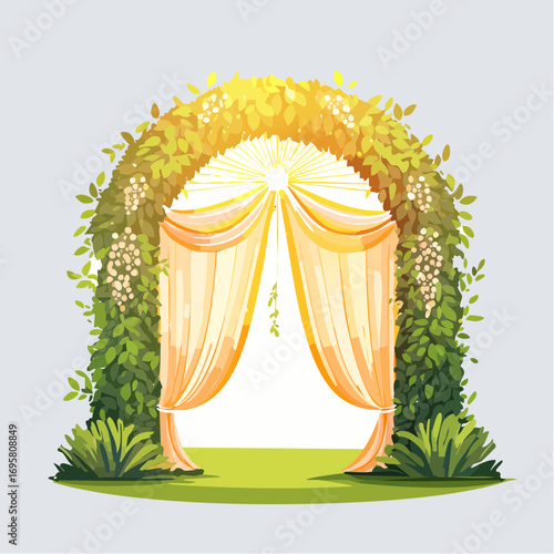 Sunlight filters through tall hedges and hanging garlands, highlighting an intricately decor wedding arch