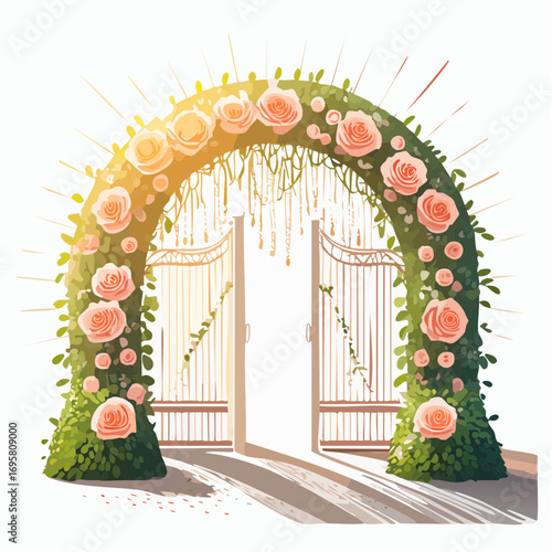Sunlight filters through tall hedges and hanging garlands, highlighting an intricately decor wedding arch