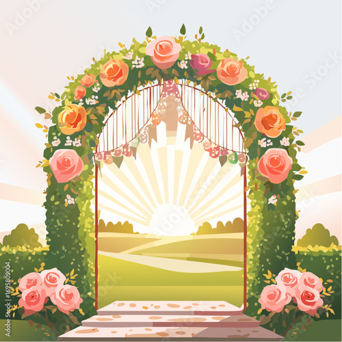 Sunlight filters through tall hedges and hanging garlands, highlighting an intricately decor wedding arch