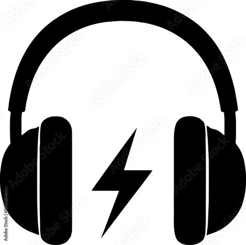 Silhouette of Headphones with Lightning Bolts -Powerful Sound Vector With White Background 