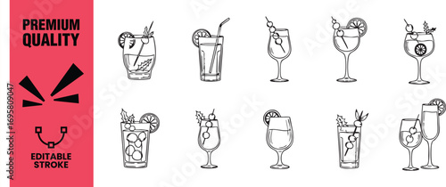 Hand drawn cocktail set collection of different alcoholic drinks vector illustration in sketch style perfect for bar menu, posters, invitations, cards, etc