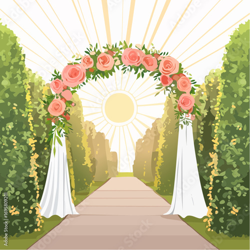 Sunlight filters through tall hedges and hanging garlands, highlighting an intricately decor wedding arch
