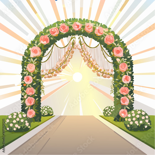 Sunlight filters through tall hedges and hanging garlands, highlighting an intricately decor wedding arch