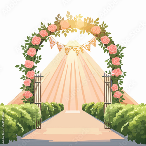 Sunlight filters through tall hedges and hanging garlands, highlighting an intricately decor wedding arch