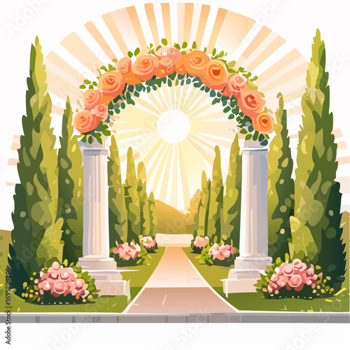 Sunlight filters through tall hedges and hanging garlands, highlighting an intricately decor wedding arch