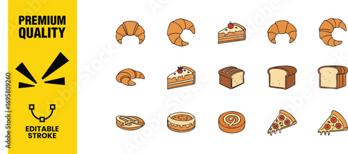 A delightful array of bakery icons, , showcases a variety of treats from croissants and cakes to cinnamon rolls and pizza slices, all in a charming handdrawn style