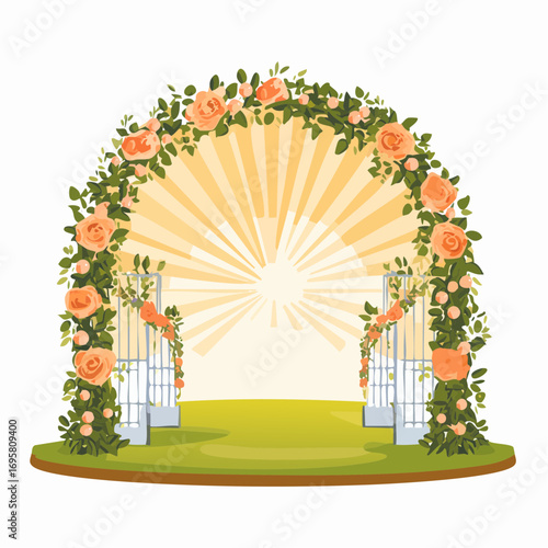 Sunlight filters through tall hedges and hanging garlands, highlighting an intricately decor wedding arch