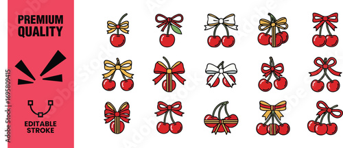 A delightful assortment of cherry icons, each adorned with a charming bow, meticulously designed to capture the essence of sweetness and elegance