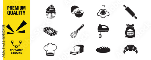 A comprehensive collection of baking icons, meticulously crafted to represent the essential tools and ingredients for creating delectable treats