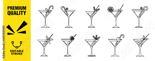 Christmas cocktail icon set martini glass with festive decoration in outline style vector illustration of winter holiday drinks for bar or restaurant menu