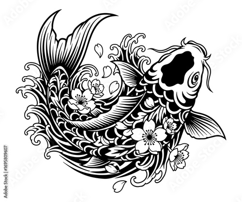 Koi Fish Sakura Floral Silhouette Vector