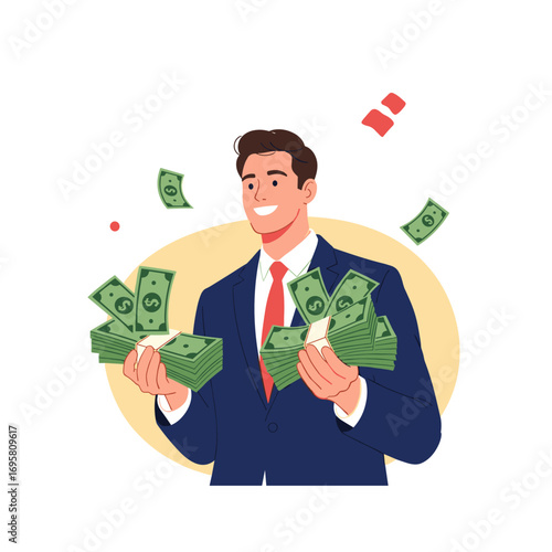 Successful businessman happily holding large stacks of money and cash flowing around