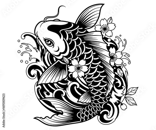 Black and White Koi with Cherry Blossom Design