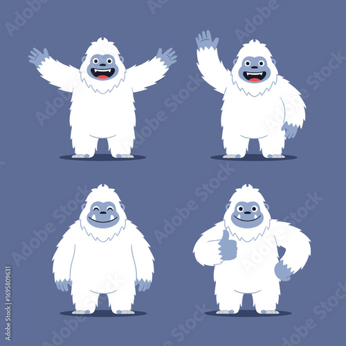 Four adorable cartoon yeti characters displaying various friendly poses and emotions on a simple blue background
