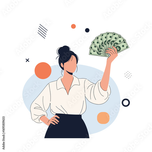 Illustration of a woman holding fan of money confidently with abstract shapes in background signifying financial success