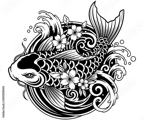 Tribal Koi Fish with Sakura Flowers Vector
