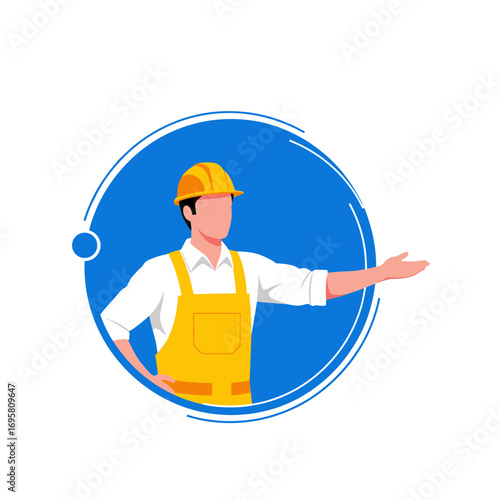 Skilled construction worker offering services with a friendly gesture in a circular design