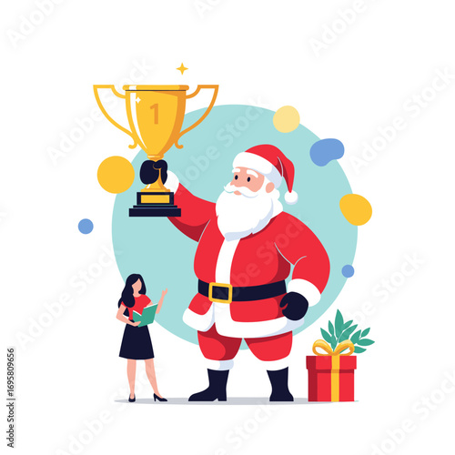 Santa claus wins first prize trophy celebrating christmas holiday season victory