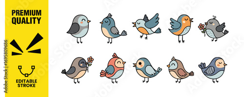 A charming collection of ten delightful bird illustrations, each showcasing unique designs and personalities, these whimsical birds are perfect for adding a touch of nature to your designs