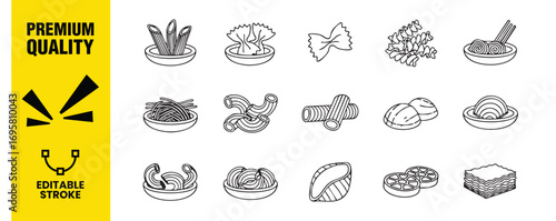 Collection of various pasta types penne, farfalle, bow tie, gnocchi sardi, orecchiette, stelline, cavatappi, conchiglie, tortellini, ravioli, lasagna, donut, and tiramisu