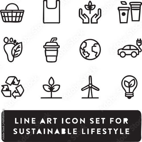 Sustainable lifestyle icon set vector: eco-friendly, recycling, renewable energy eps silhouette
