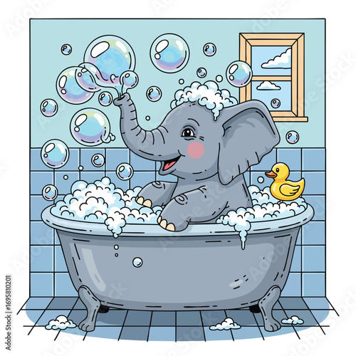Happy cartoon baby elephant blowing soap bubbles while taking a bath in a clawfoot tub.