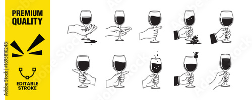 A collection of wine glass vector illustrations, perfect for adding a touch of elegance to your designs, with editable stroke and premium quality design