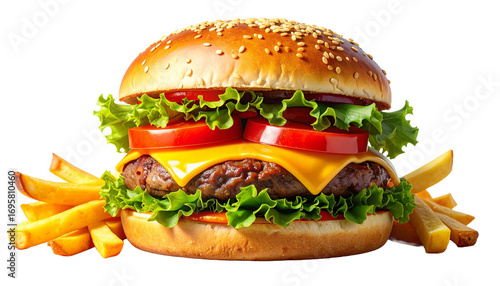 High-quality gourmet beef burger with fries isolated on white background, perfect fast food and junk food concept.
