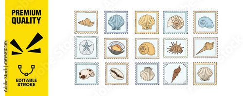 Collection of handdrawn seashells in a postage stamp style, set of vintage marine elements for summer design decorative sea shells, vector illustration
