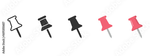 Vector push pin illustration set in red, black, and outline styles. Thumbtack icons ideal for office stationery, corkboards, reminders, notes, maps, and digital design projects