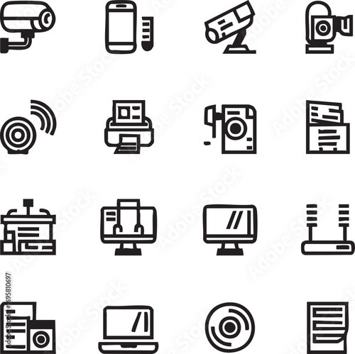 Technology icons vector set: security cameras, computer, printer, and more eps silhouette