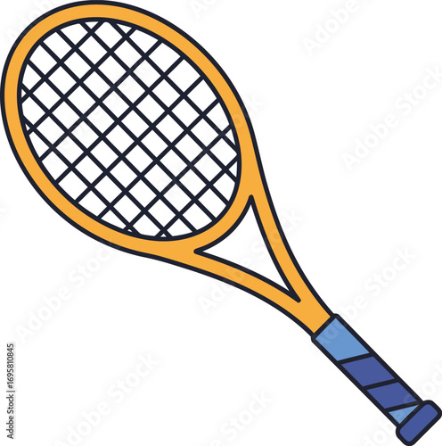 a colorful tennis racket with blue grip and yellow frame
