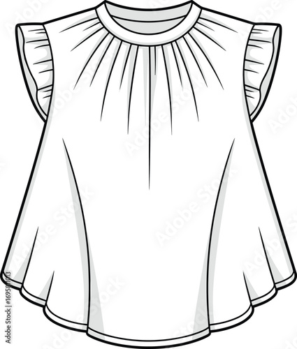 Fashion flat sketch of a white sleeveless gathered neckline blouse with ruffled sleeves fashion sketch