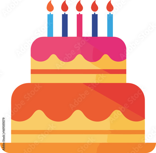 a colorful birthday cake with candles and layers