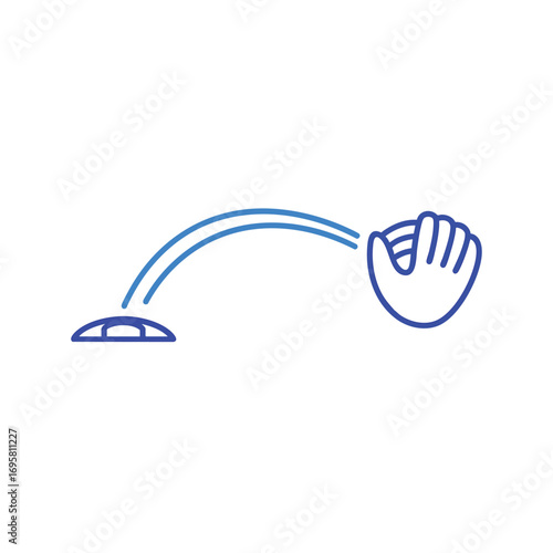 Minimalist line art icon of a baseball glove catching a bouncing ball with a trajectory arc.