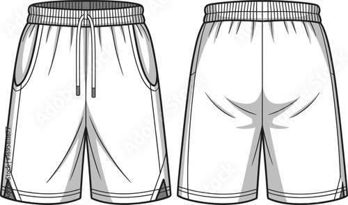 Front and back view illustration of white athletic shorts with drawstring and pockets sportswear clothing