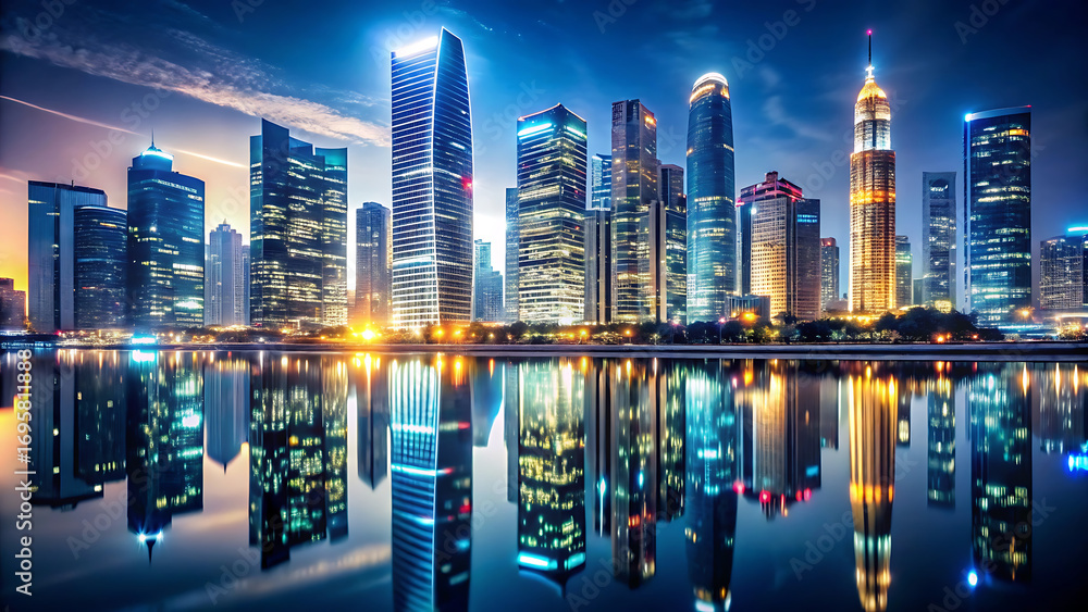 Obraz premium Elegant Nighttime Cityscape with Glowing Skyscrapers